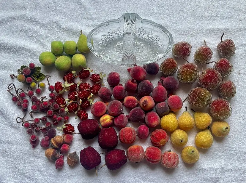 Clear Cut Glass Display Bowl with Handles Small Beaded "Sugar" Frosted Artificial Fruit - READ