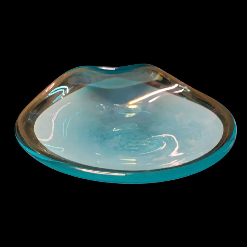 28. Vintage Italian Glass Art Fold Bowl Candy Dish Aqua Blue Shades Made In Italy