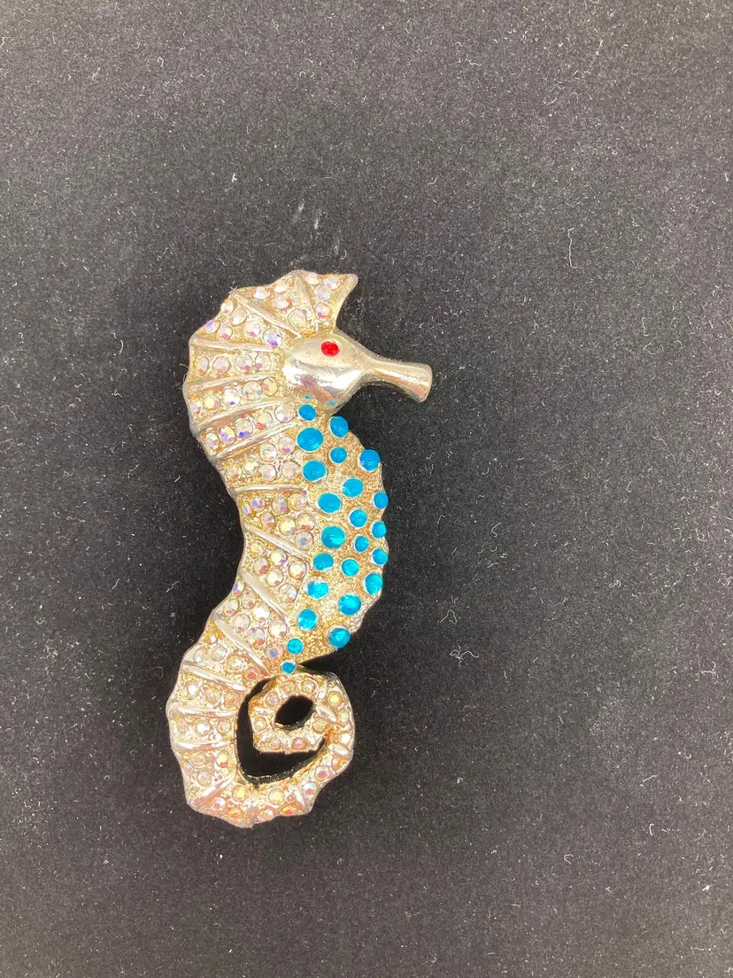 Silver Tone Seahorse with Clear and Blue Rhinestones, Brooch