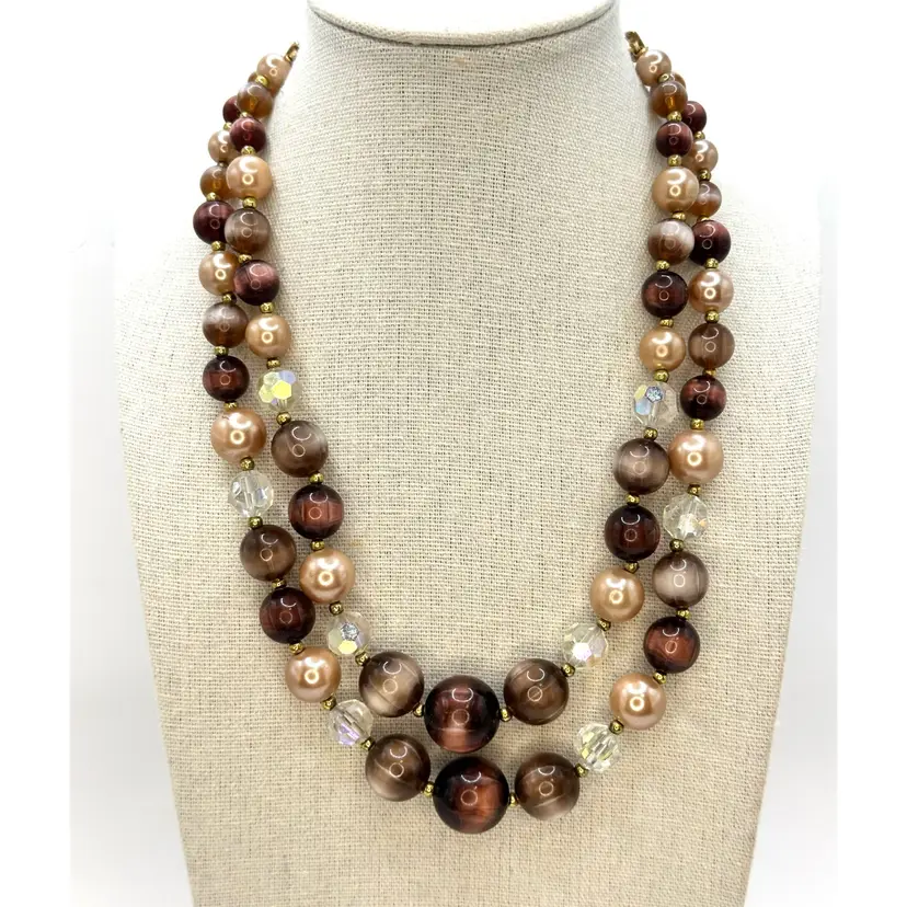 Lisner Double Strand Brown, Cream, Crystal Bead Necklace