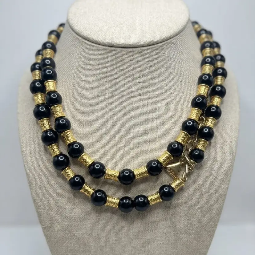 Double-Strand Black Beaded Necklace with Gold-Tone Filigree Spacers and Designer Tag (Signed "Oleh")