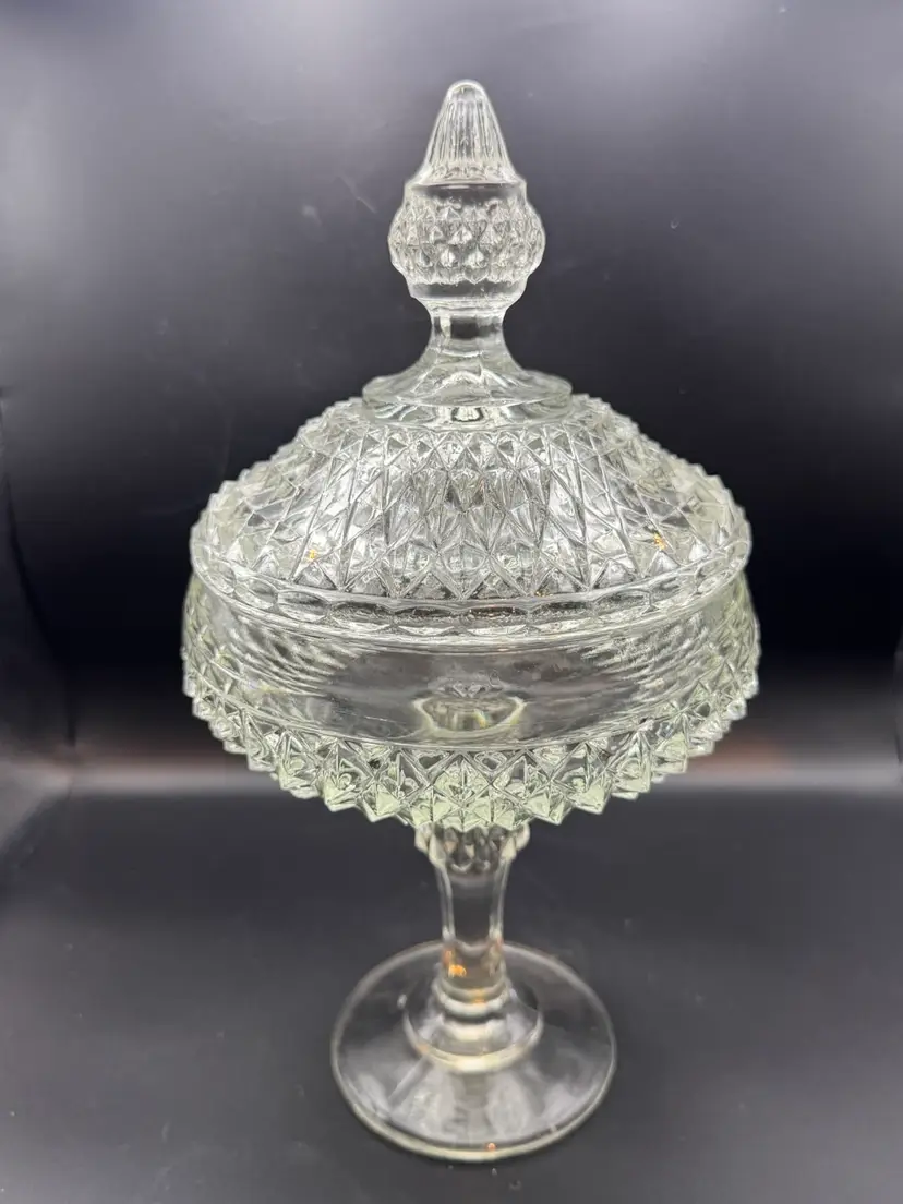 Vintage Indiana Glass clear diamond point pedestal candy dish with lid