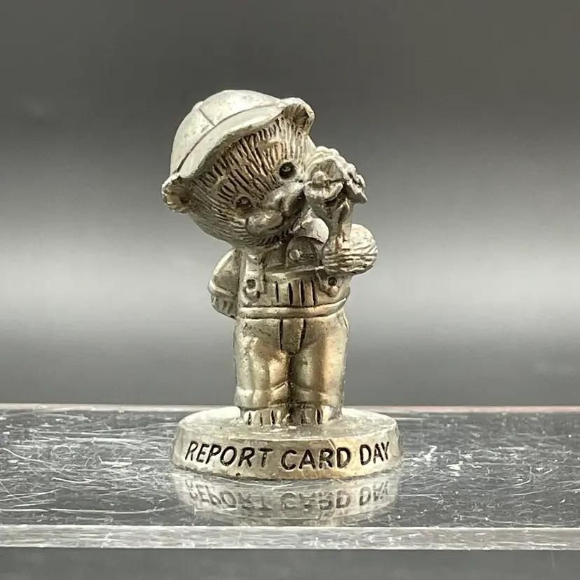 Avon Miniature Pewter Report Card Day Teddy Bear Figurine Vintage 1984