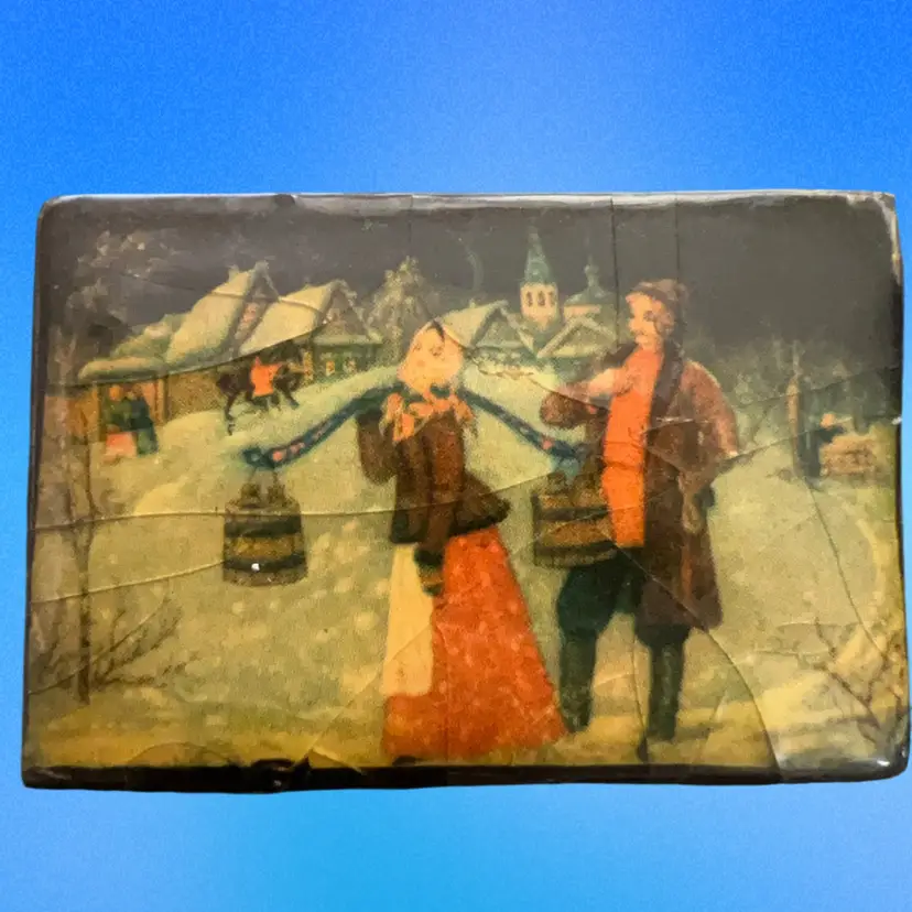 Vintage Christmas Winter Brooch, Miniature Painting? With Lacquer Over Picture Just Over An Inch Wide Courting Couple?