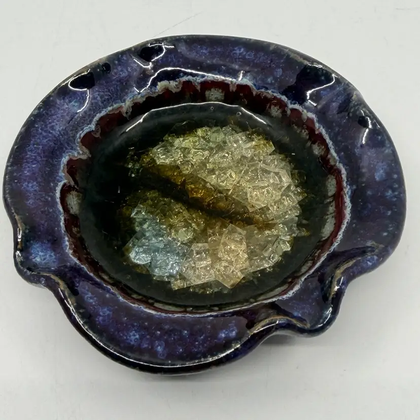 Blue Art Pottery Ruffle Edge Geode/crackle Glass Trinket Dish Ashtray