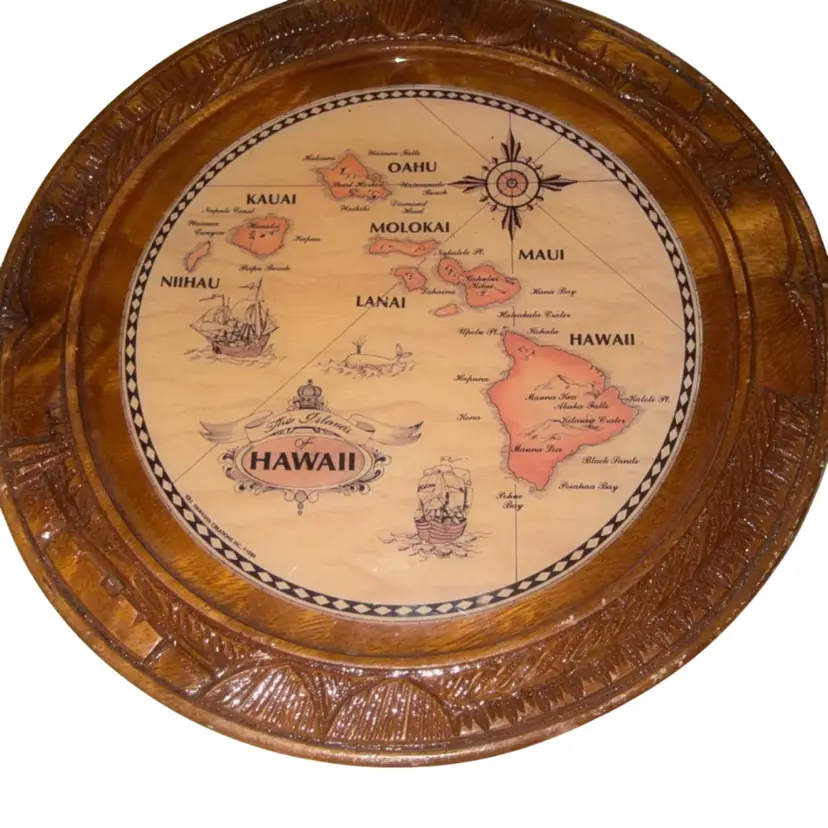 Map Of The Hawaii Islands In A Round Wooden Frame