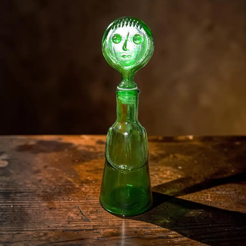 Vintage Erik Höglund Kosta Boda Sweden Green Glass People Decanter Face Stopper
