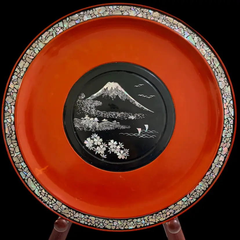 Shirokiya Japanese Aizu Lacquer Plate Abalone/Mother of Pearl Inlay- Mount Fuji Scene- Sticker- 13”