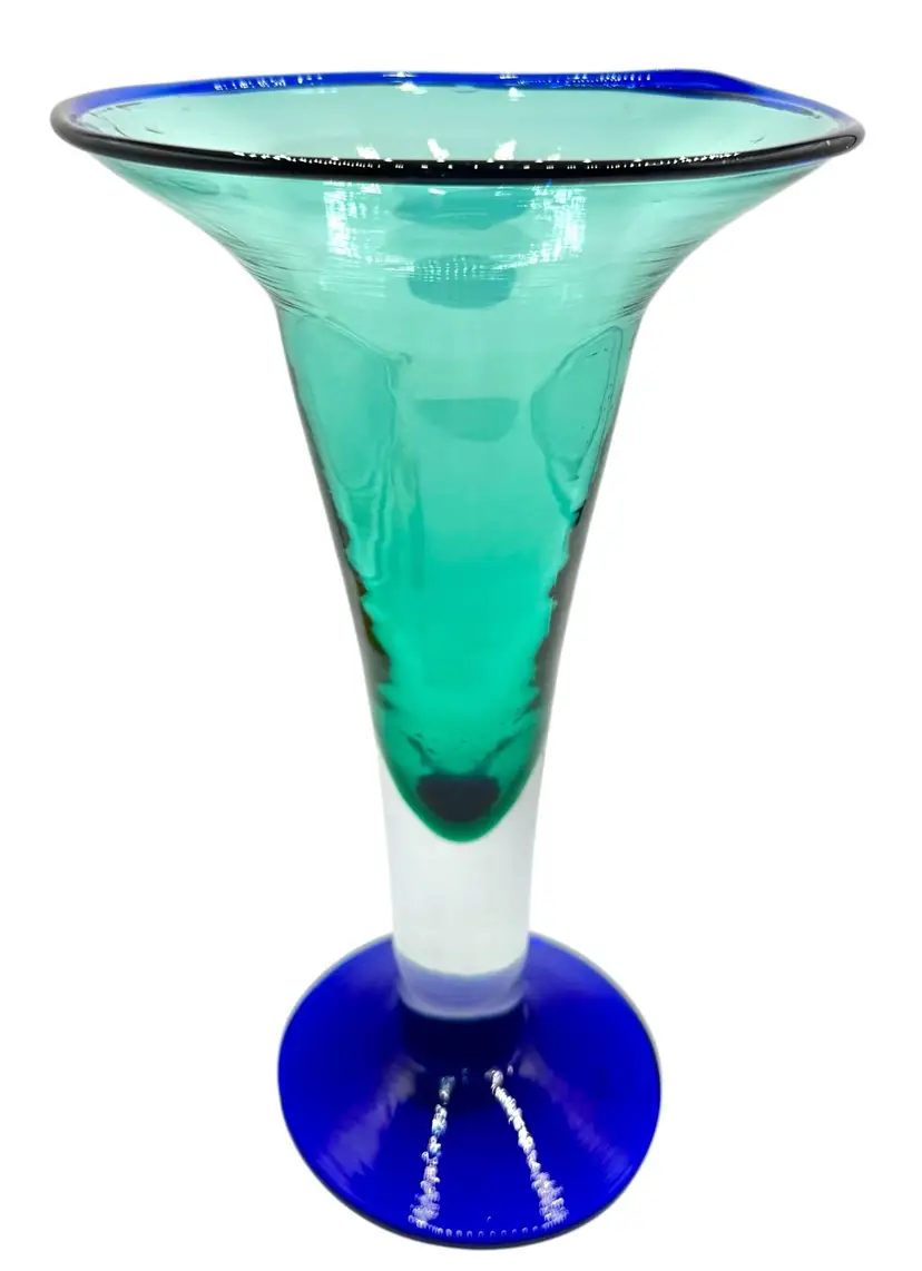 Vintage Blenko Glass #9475LP Footed Trumpet Vase Antique Green Cobalt Blue