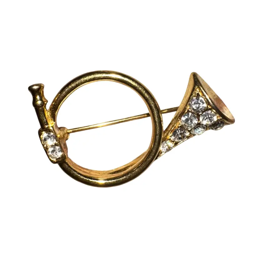 Trifari Gold Tone And Rhinestone Trumpet Brooch Pin