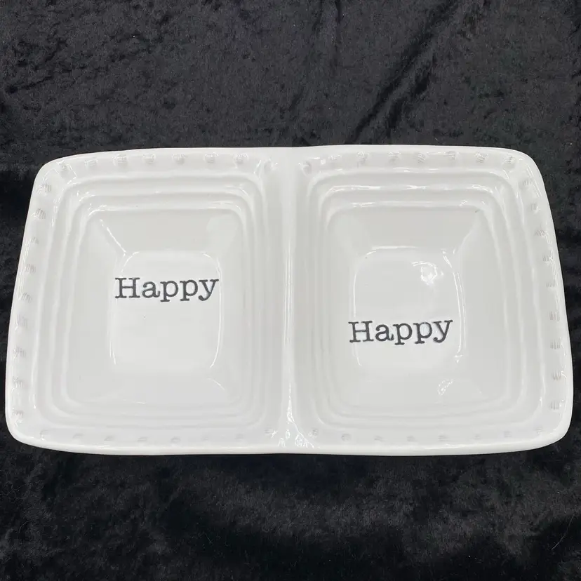mud pie "Happy" Mini Divided Serving Dish, Raised w/Pedestal Feet, Stickers/2014