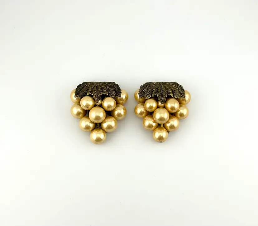 Pair of Art Deco Faux Pearl and Brass Grape Cluster Clips 2”x 2”