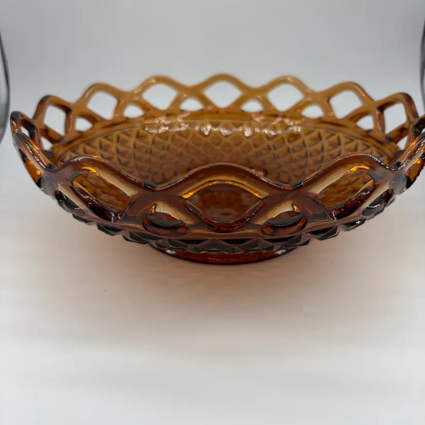 Vintage Imperial Glass Amber Dish With Laced Edge Diamond Point Pattern