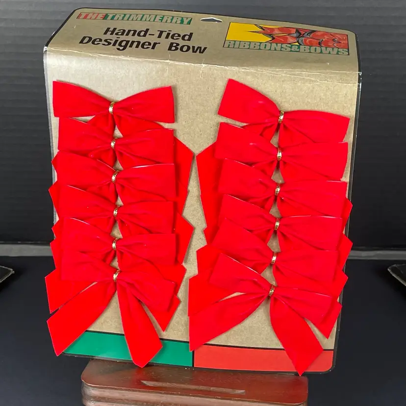 Red Velvet 3" Christmas Tree Bow Set of 12 Vintage on Card Gold Wire Ties NOS