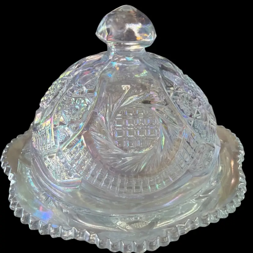 Vintage Rainbow Carnival Glass Domed Butter Dish Aztech Sunburst Pinwheel Hobster LE Smith