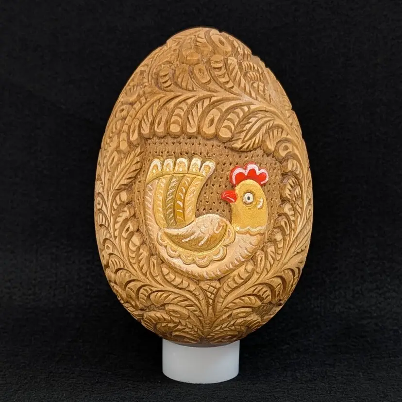 Vintage Solid Intricate Hand Carved Wooden Egg with Leaves & Chicken 5.25" Tall