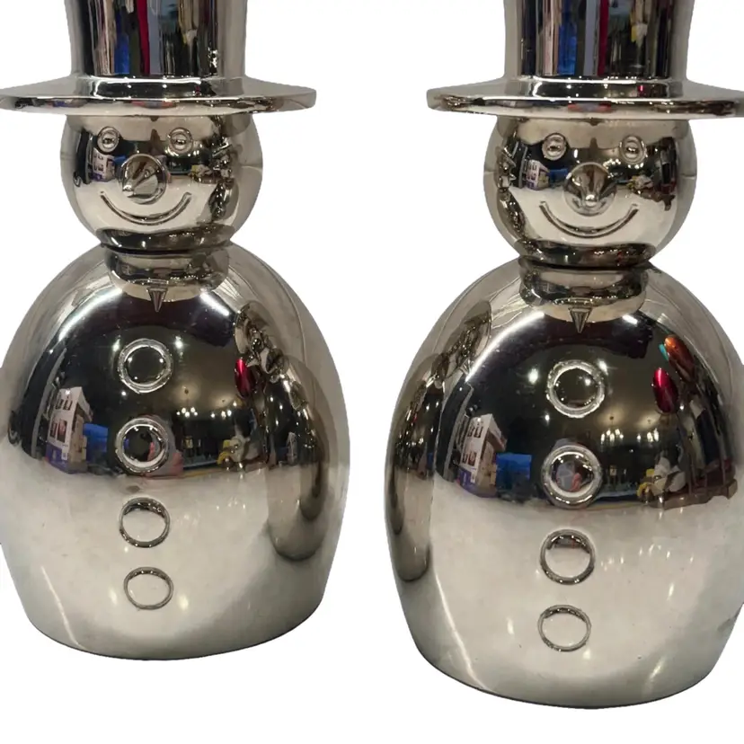Crate & Barrel Silver Snowmen Taper Candle Holders Chrome