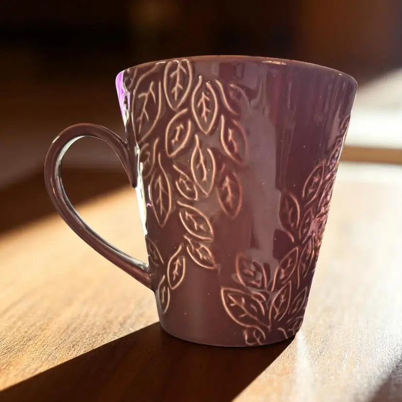 Starbucks 2007 16oz Ceramic Mug, Embossed Botanical Leaf Pattern, Brown Coffee Cup, Cottagecore Kitchen Decor, Vintage Starbucks Mug