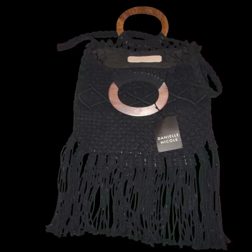 Danielle Nicole Black Macrame Fringe Shoulder Bag Wooden Ring Handle