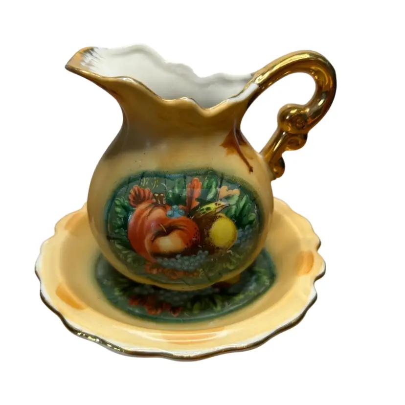 Vintage Enesco Japan Porcelain Harvest Handpainted 4” Tall Pitcher And Bowl