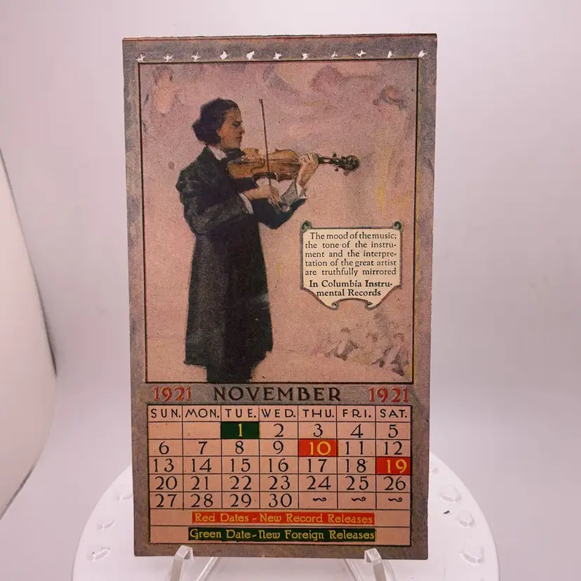PP4 Antique 1921 November Calendar Page Columbia Instrumental Records 4.75" x 2.75"