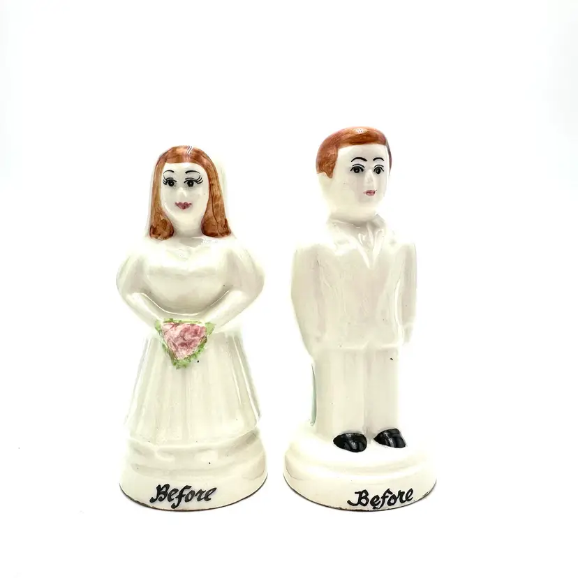Before After Wedding Salt Pepper Shaker Set Ceramic Novelty 2”D 4.5” H