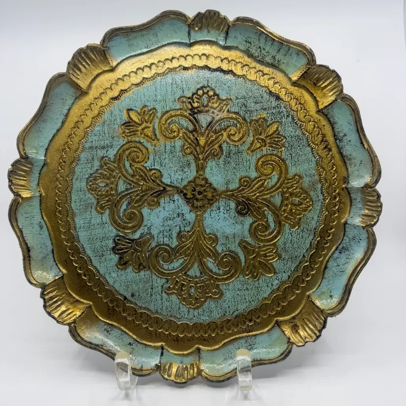 Vintage Florentine Gold & Turquoise Tray / Plate Italy 11.25”