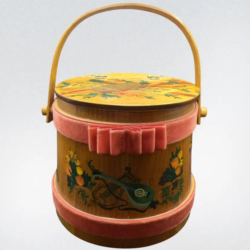Vintage Primitive Hand Painted Wooded Bucket/basket With Wood Handle And Velvet Trim Dated 1969 Farmhouse Country Cottage Core