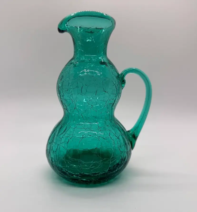 Green  Emerald Crackle Glass Pitcher Hand Blown Applied Handle 6”