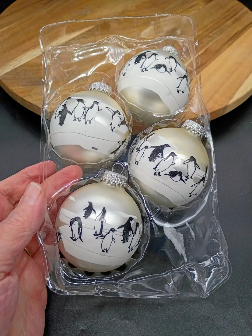 Christmas by Krebs Set of 4 White with Penguins 2.5 in Ball Ornaments