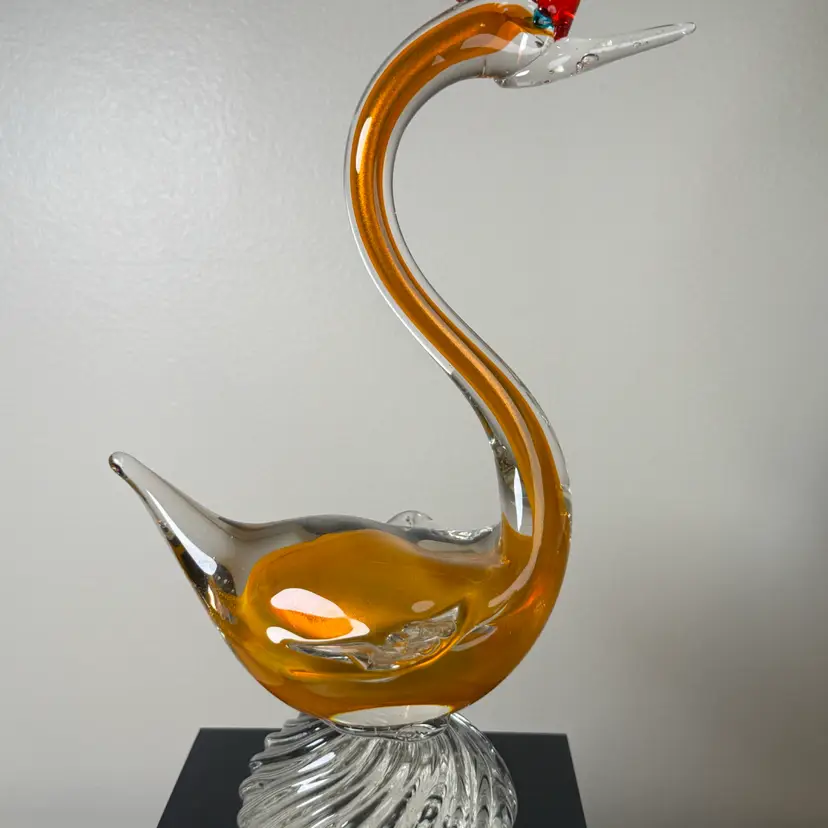 Art Glass Orange Shimmer Bird With Red Crest, Likely Italian