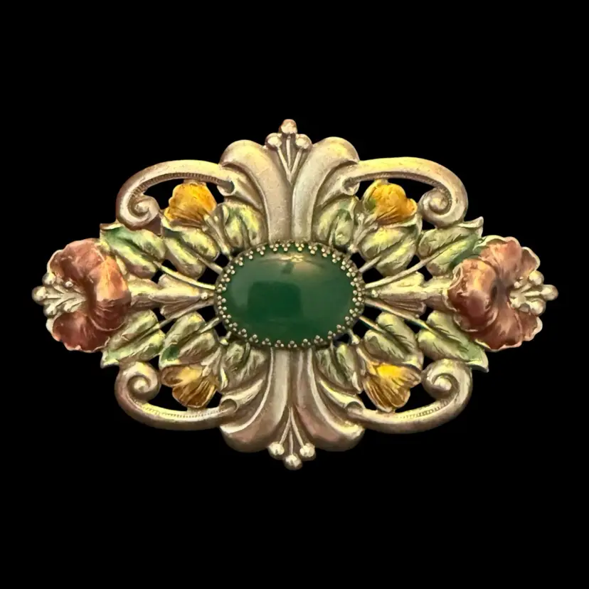Sadie Green Floral Brooch with Green Cabochon 3.75”