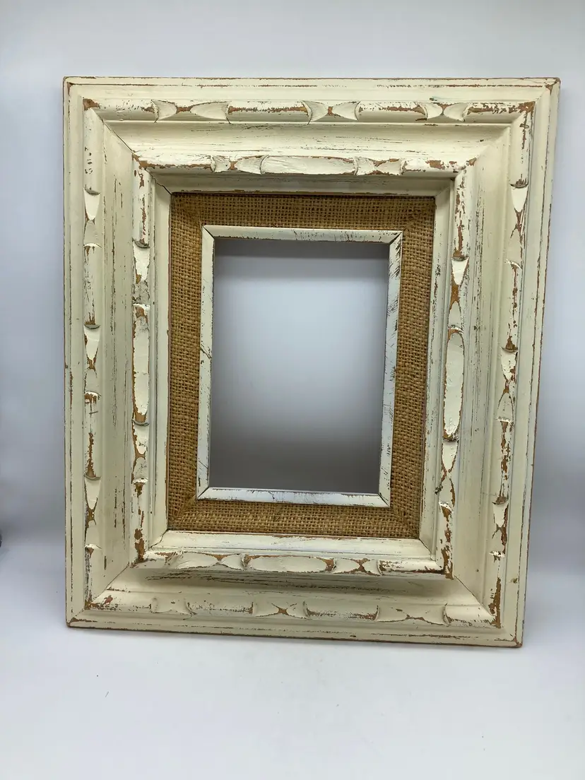 White Wash Wooden frame Vintage rustic farm antique look with burlap