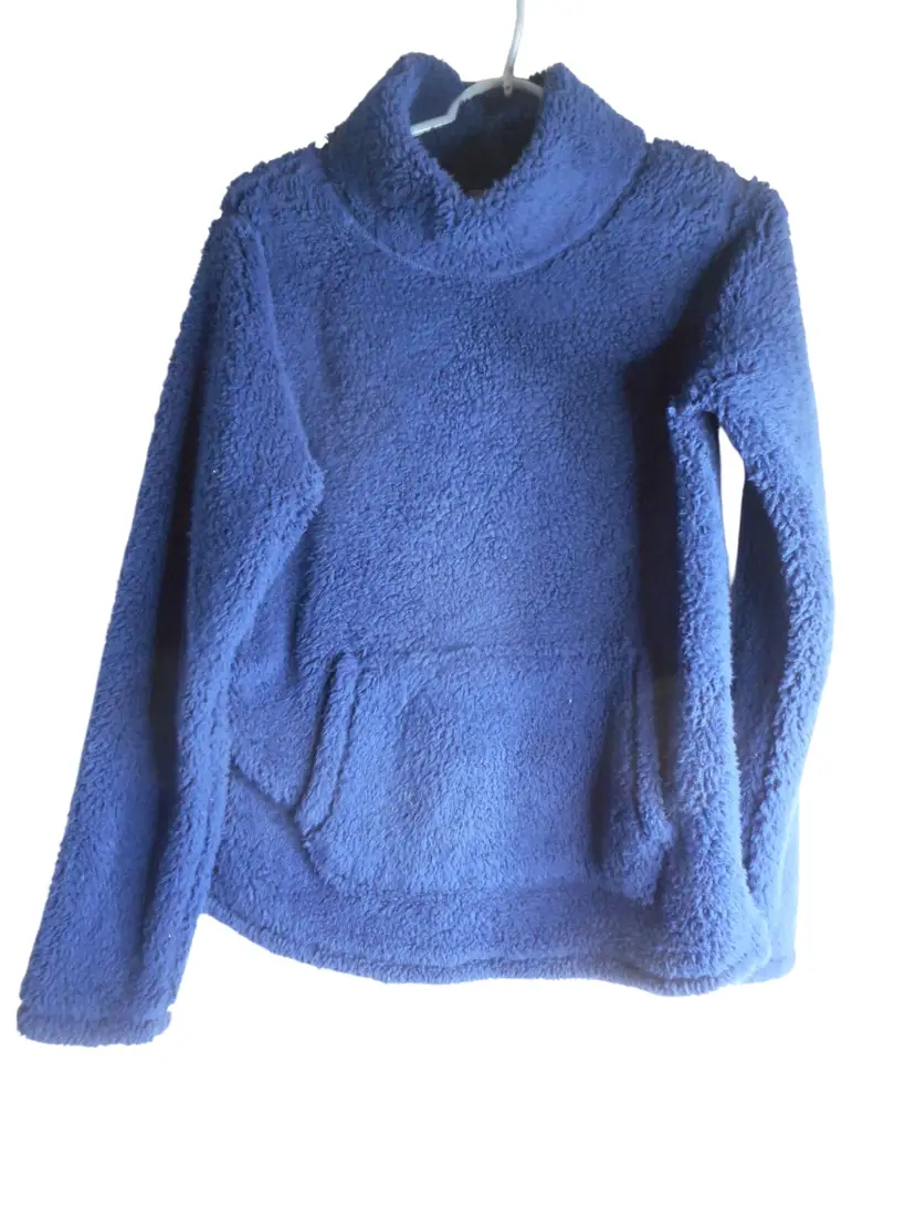 St. Johns Bay Pullover top Women Sz M Faux Fur Dark Blue Soft Cozy Fleece pocket