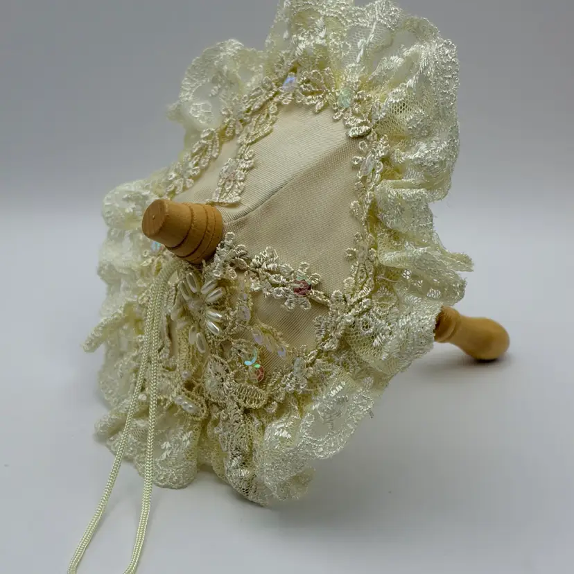 Vintage, 6” Doll-sized, Parasol/Umbrella, Neutral Beige Cloth, Lace, Beads, Sequins, Wood. Cute!!