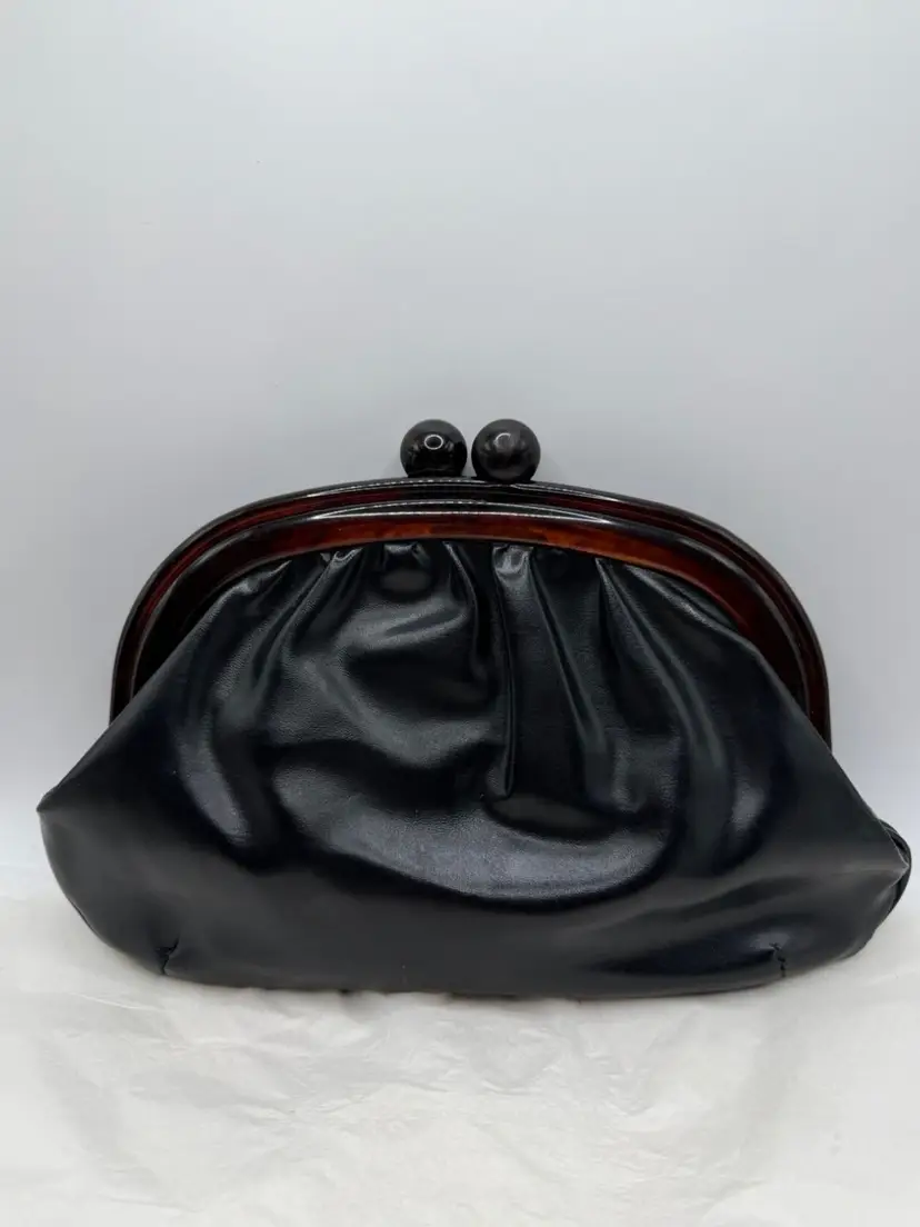 Art deco Tortoise Lucite & Black faux leather retro clutch