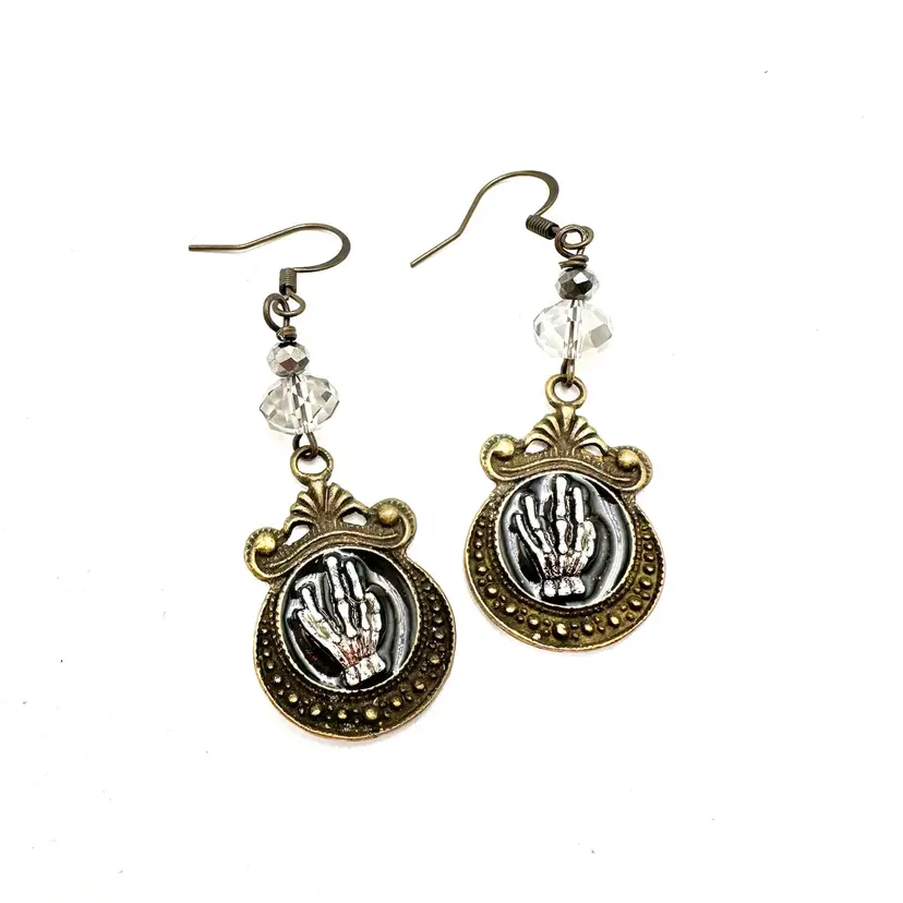 Skeleton Hand Earrings Made By Me Resin Mixed Metals Glass Beads 2”L X .5”W