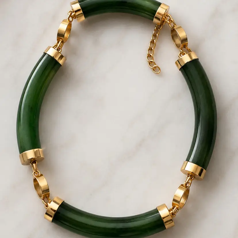 1. Vintage  Gold-Plated & Natural Green Nephrite Jade Segmented Link Bracelet