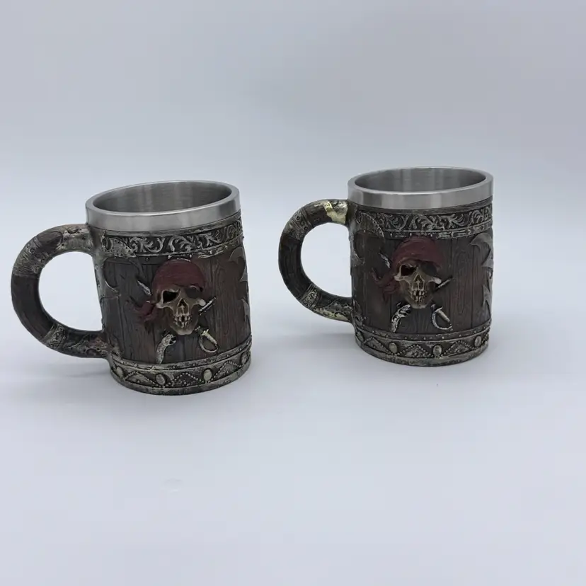 Pirates Of The Caribbean Heavy Duty Stainless Steel Barrel Mugs Tankard Set 14oz