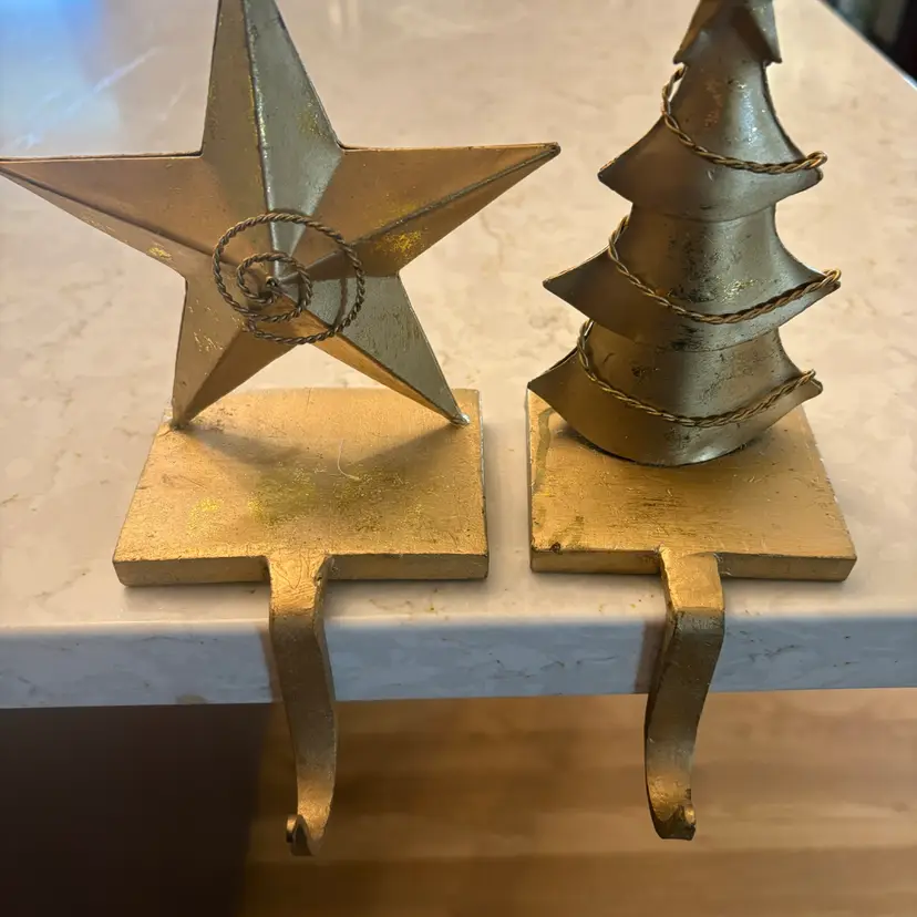 Set of 2 Heavy Brass Stocking Holders - Star & Christmas Tree w/ Star Topper