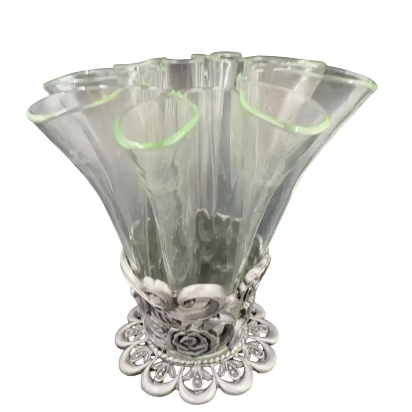 Vintage Fluted Glass Base With Pewter Tone, Metal With Floral Design Base M.T C Makers Mark