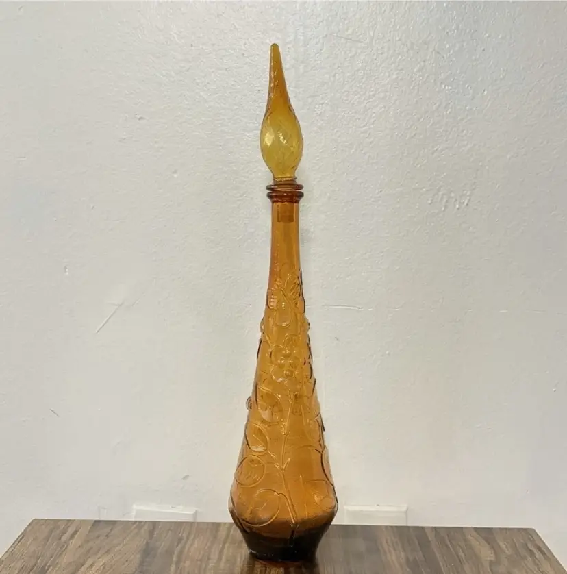 Vintage MCM Amber Glass Genie Bottle Floral Empoli Decanter with Stopper 21