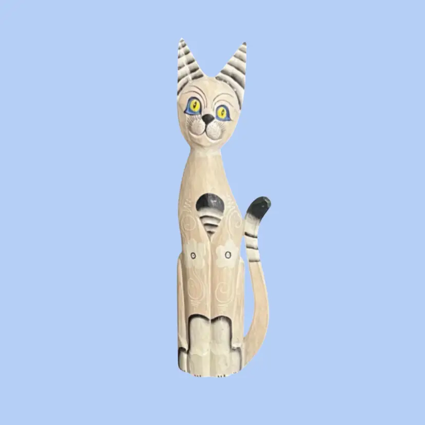 #088- Cat Figure Statue 20” Folk Art Hand Carved And Painted Wood Jamaica