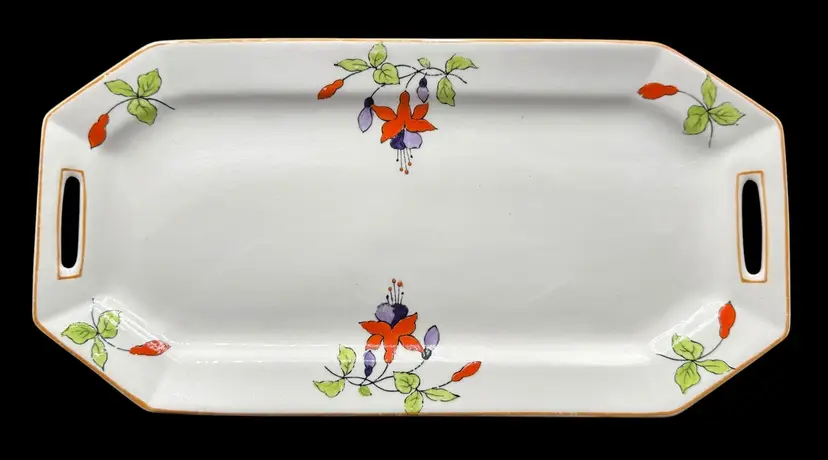 Vintage Myott Son & Co Hand Painted Tray Plate Dish Art Deco Fuschia Floral 12”