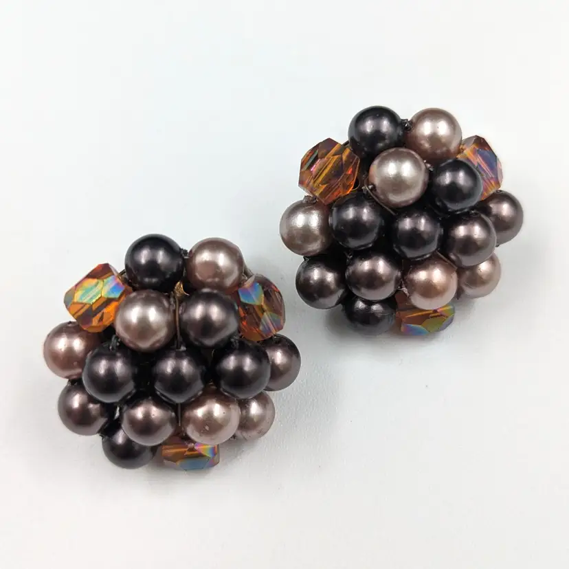 AB Faux Pearl Beaded Cluster Earrings Vintage Japan