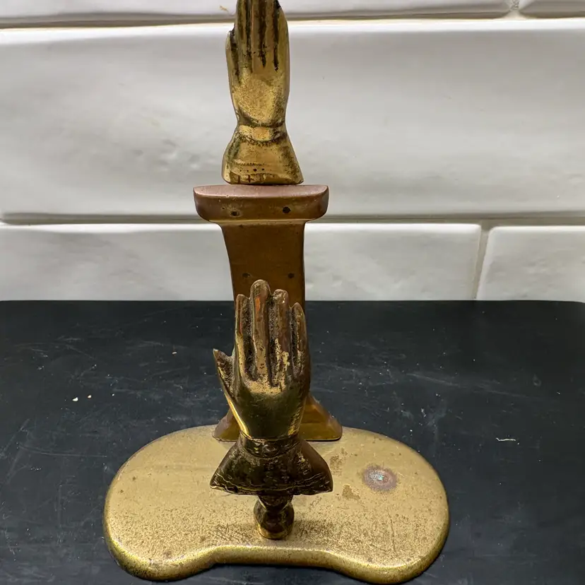 Vtg Brass Letter Holder / Rack + Hand Letter Opener Set - Victorian Hands - 5.5"