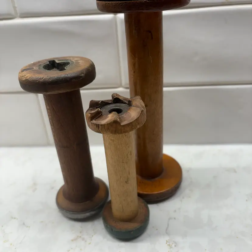 3 Vtg Industrial Wood Bobbin Spools 4.5" to 8" - Painted Green + Metal Rim