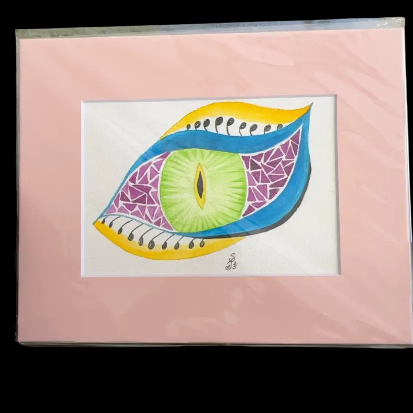 Original Watercolor Eye With Designs Teal Purple 5 X 7” In 8 X 10” Pink Matte