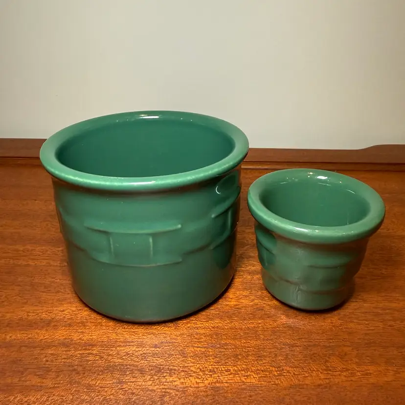 Longaberger Woven Traditions Ivy Green Crock + Votive Holder Set