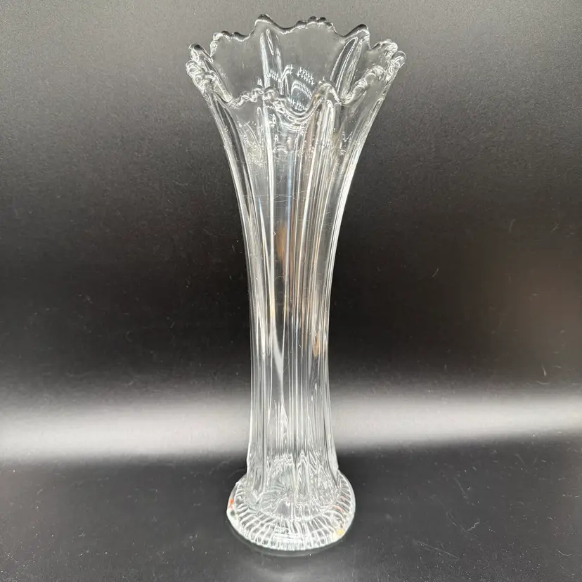 MCM LE Smith Clear Swung Vase 13.5 Inches - Six-Petal Starburst Base Clear Glass Glows Green